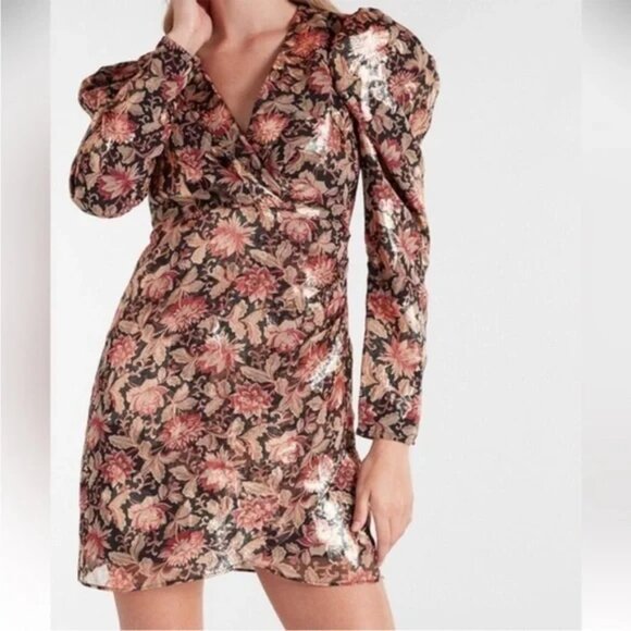 Express Floral Metallic Puff Sleeve Mini Dress XS - Picture 3 of 16